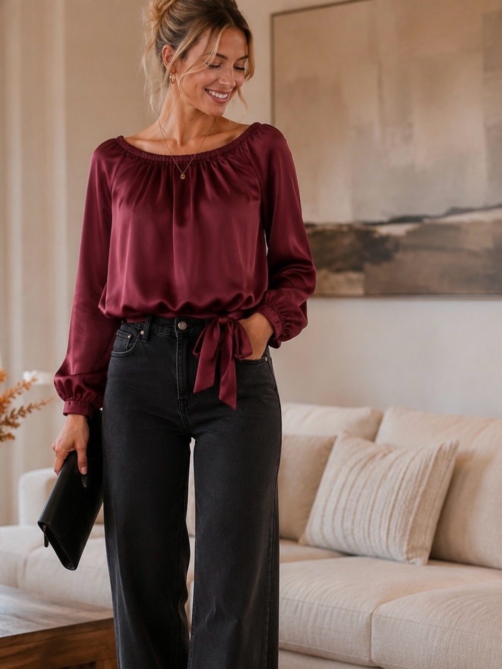 Vince Camuto Burgundy Wine Satin Like Blouse with Bow Detail NWT Size Small NWT